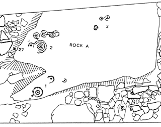 Excavation plan which shows the relationship between the carvings and the remains of the Iron Age hillfort.