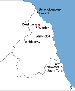 Map of Northumberland showing proximity of Dod Law to Wooler