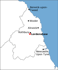 Map of Northumberland showing proximity of Lordenshaw to Rothbury.