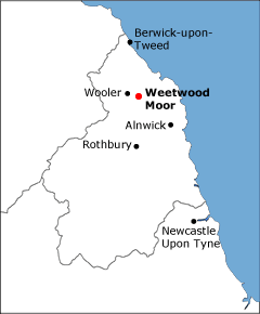 Map of Northumberland showing proximity of Weetwood Moor to Wooler